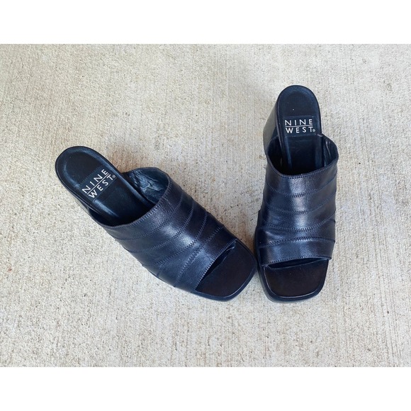 size 6.5 vintage y2k BLACK STITCHED Peep Toe PLATFORMS chunky leather square toe - Picture 7 of 10